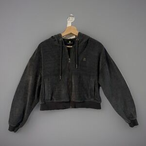 Teddy Fresh Women's Corduroy Zip Up Hoodie Jacket Dark Gray Size Small